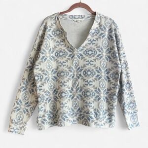 Lucky Brand Long Sleeve Shirt Women's M Medium Cream Gray Blue Patterned Blue